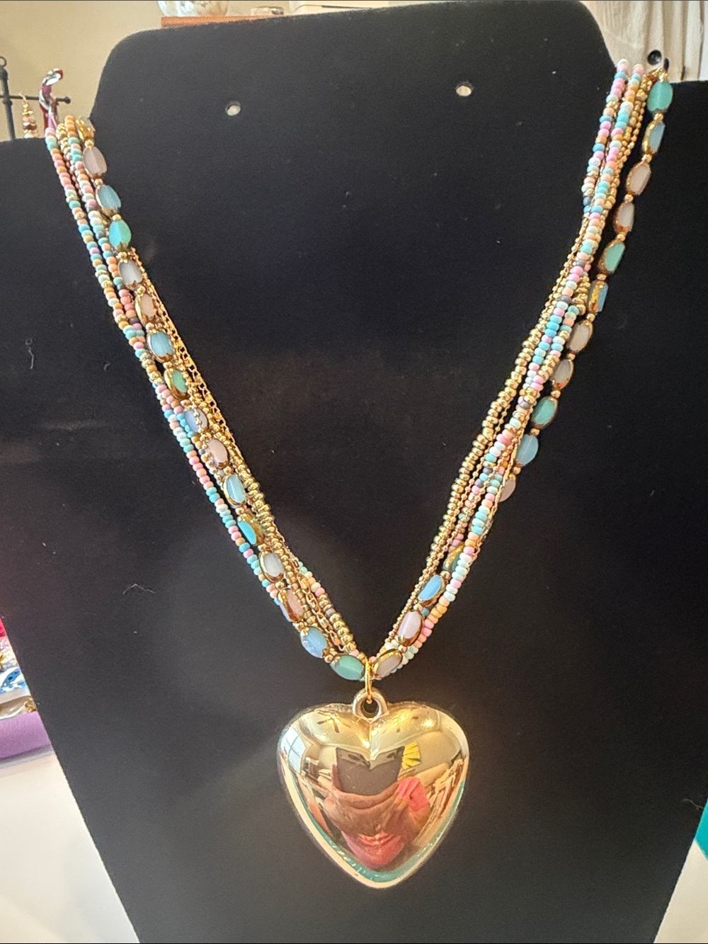 Gold Heart Locket Multi-Strand Beaded Necklace - Pink & Turquoise